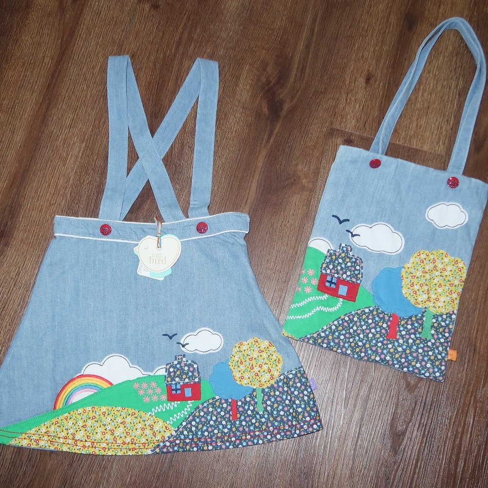 NWT Little Bird by Jools Oliver Rainbow House Applique Denim Dress EUC Bag 5/6